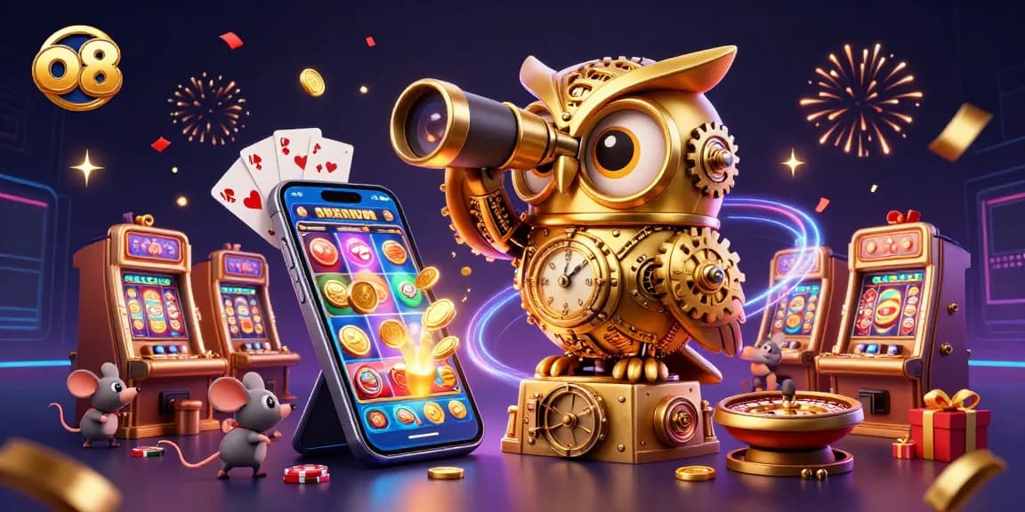 Engage with thrilling games at O8, featuring a golden owl overseeing an exciting casino scene.
