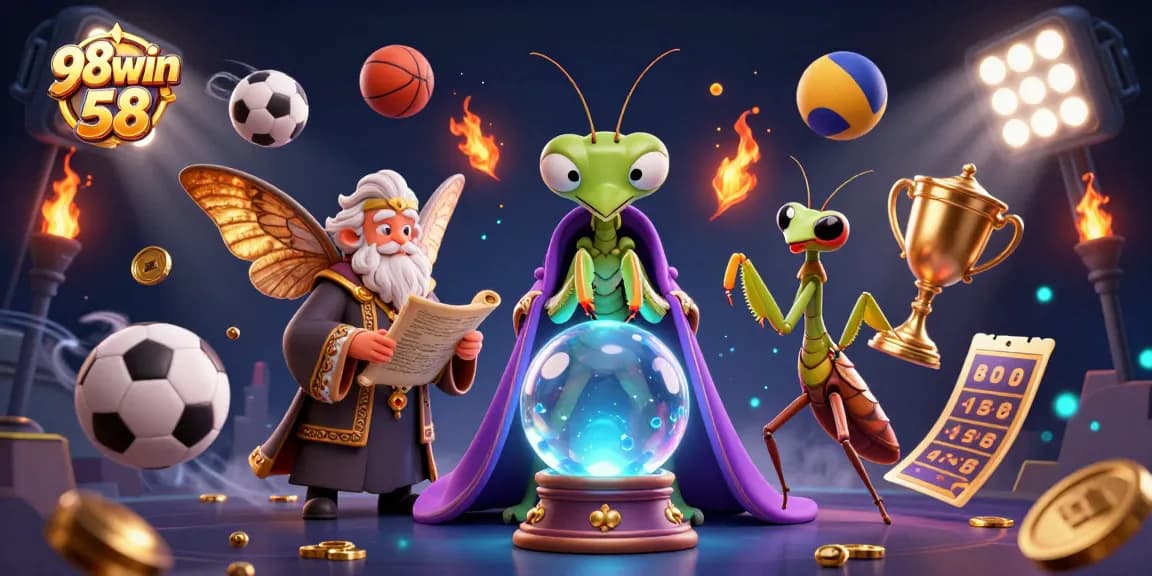 Experience thrilling sports betting with 98win 58, a dynamic scene of cartoon characters and sports elements.