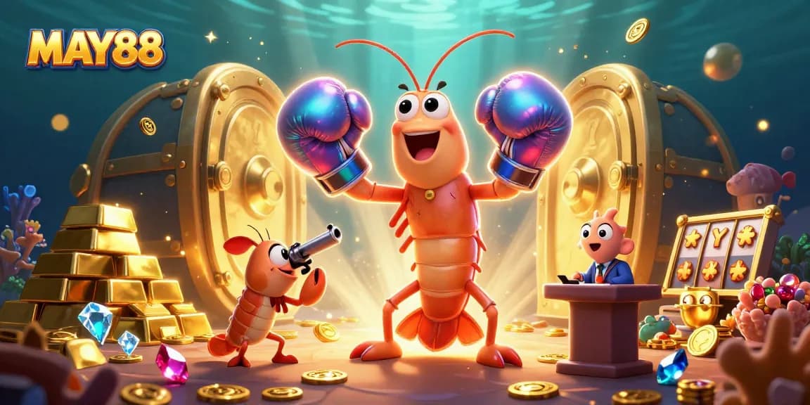 Experience thrilling wins at MAY88 with a vibrant 3D casino illustration featuring dynamic game elements.
