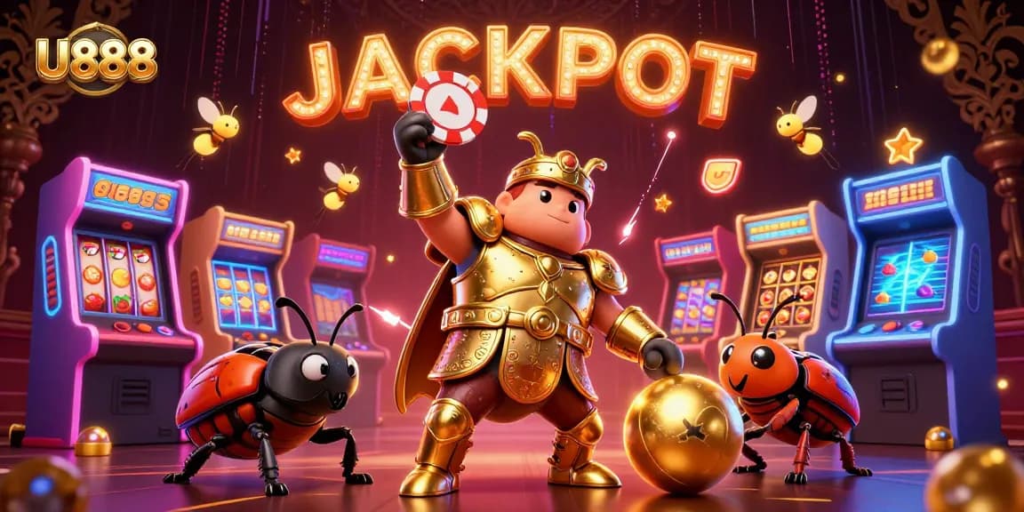 Experience U888's thrilling jackpot ambiance with vibrant casino elements and a heroic beetle.