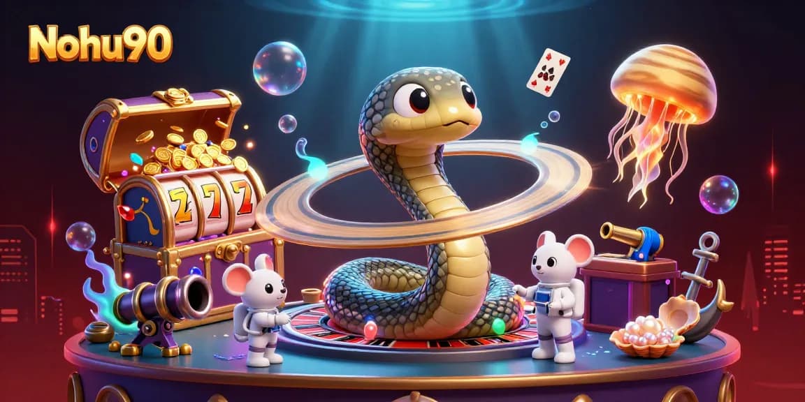 Nohu90 spins the roulette wheel while astronaut mice gamble in a vibrant cosmic casino.