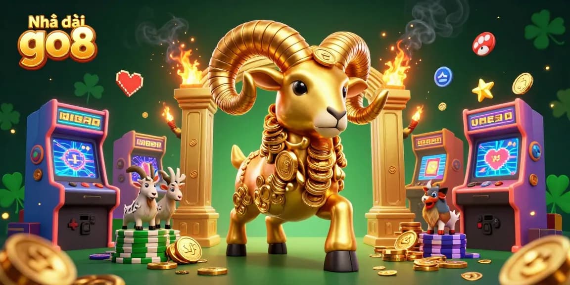 Engaging illustration of Nhà cái go8 showcasing a golden ram character representing high-stakes gambling with vibrant casino elements.