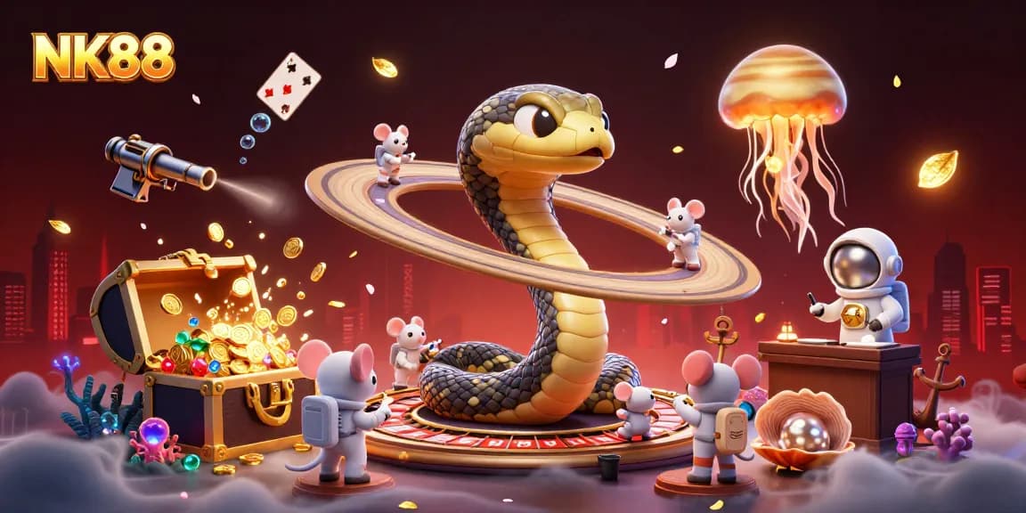 Experience thrilling bets at NK88 with cartoon space characters in a vibrant casino scene
