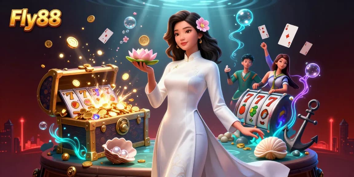 Experience thrilling wins with Fly88 in a vibrant Asian casino scene featuring elegant characters.