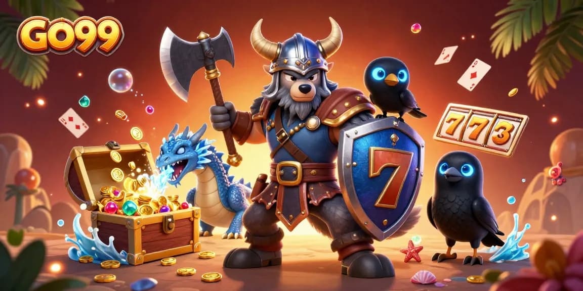 Experience thrilling gameplay with GO99’s Viking warrior and dragon in a vibrant casino adventure.