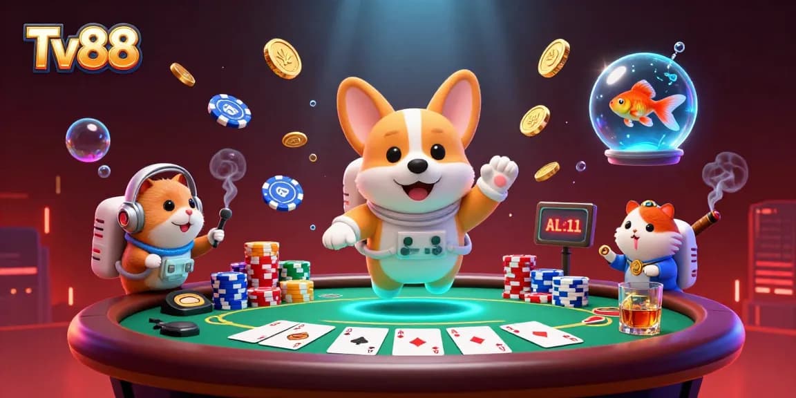 Tv88 engages players in a thrilling casino atmosphere with colorful poker elements and animated characters.