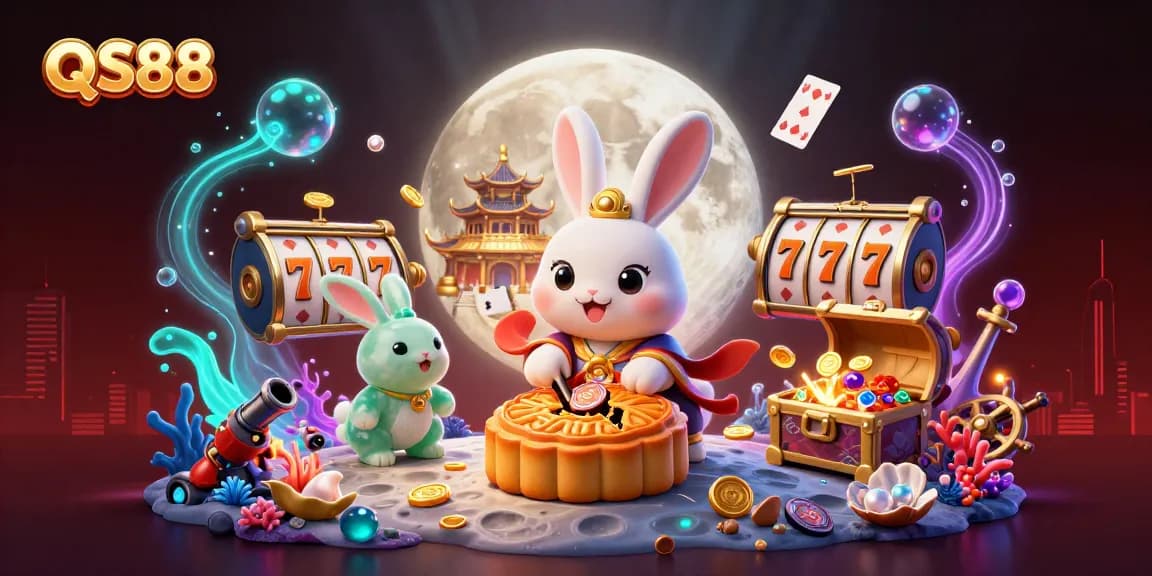 Experience thrilling winnings at QS88 with a dynamic casino-themed 3D illustration featuring slot machines and poker elements.