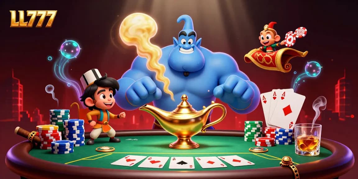 LL777 showcases a vibrant 3D casino scene with a genie, poker chips, and rich game elements.