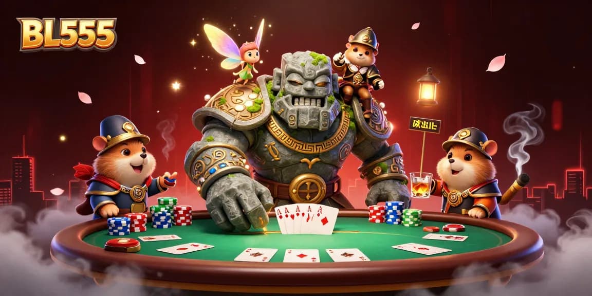 Engage in thrilling gameplay at BL555 with a dynamic scene featuring a golem guardian and enchanted elements.