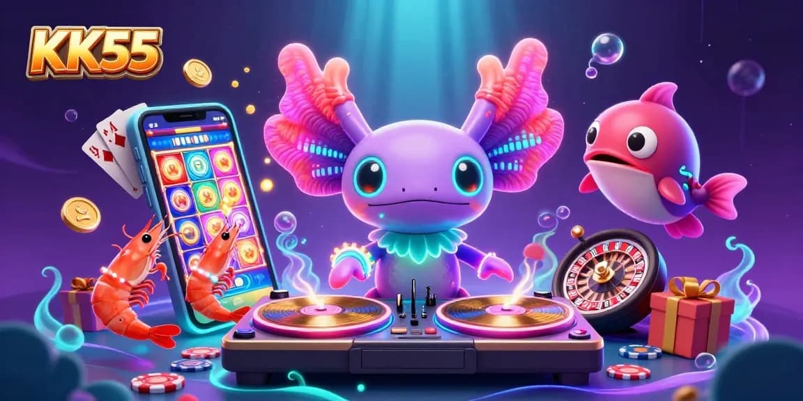 Spin and win with KK55 in this colorful underwater casino scene featuring an axolotl DJ and lively sea creatures.