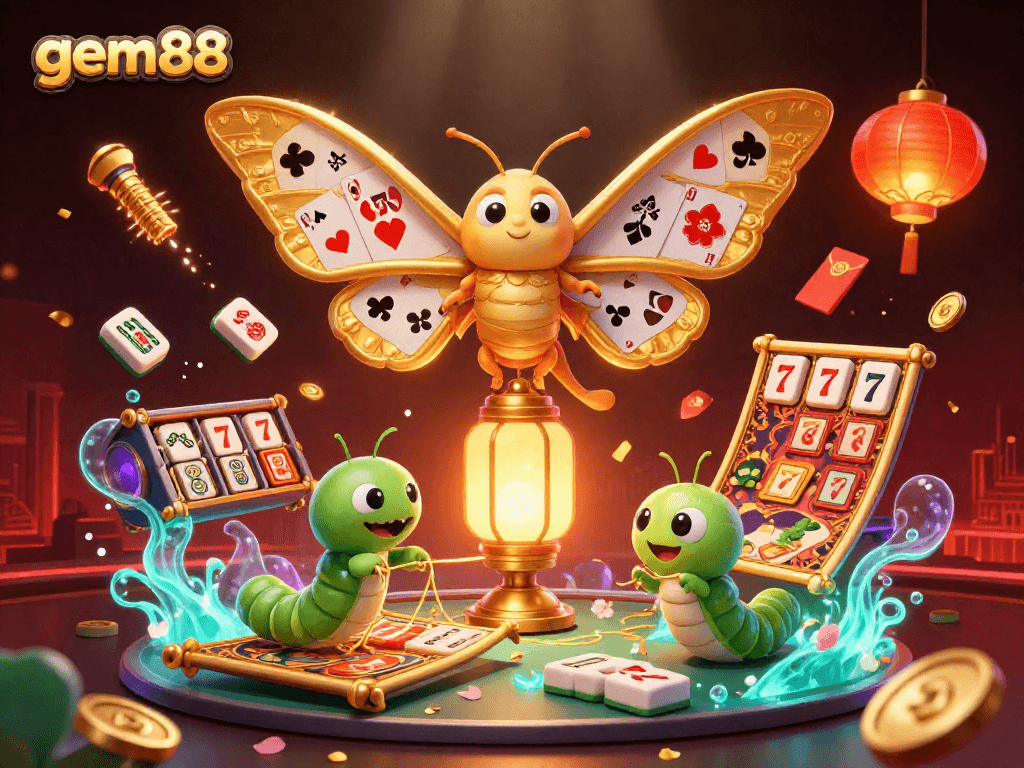 Experience gem88's vibrant 3D illustration showcasing an atlas moth with golden wings amid a lively casino scene.