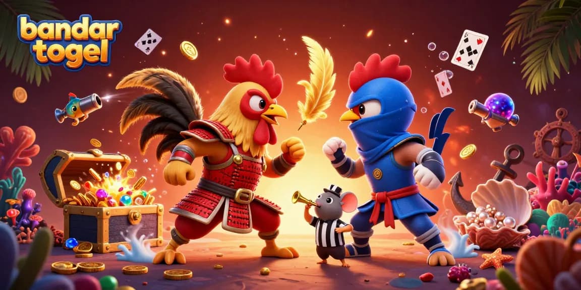 Experience the excitement of bandar togel with twin roosters in a thrilling showdown amidst vibrant casino elements.