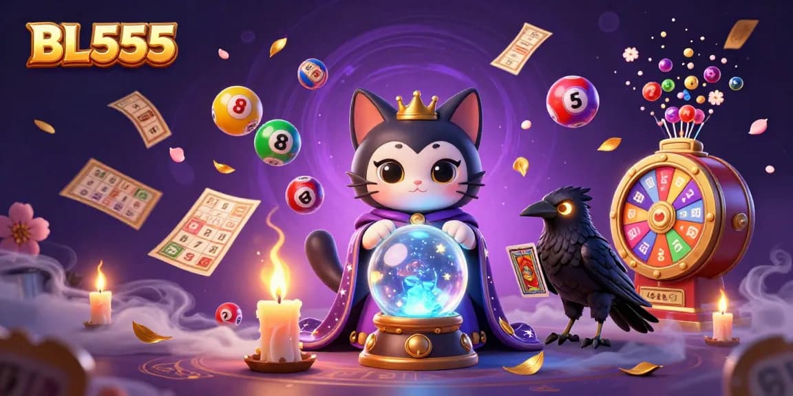 Engage with the mystical world of BL555 as colorful lottery elements surround a fortune teller cat.