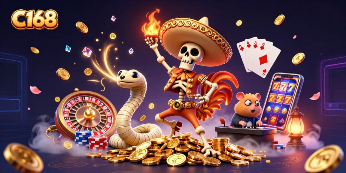 C168 offers vibrant gaming experiences with a lively skeleton mariachi rooster dancing amidst cascading coins and roulette elements.