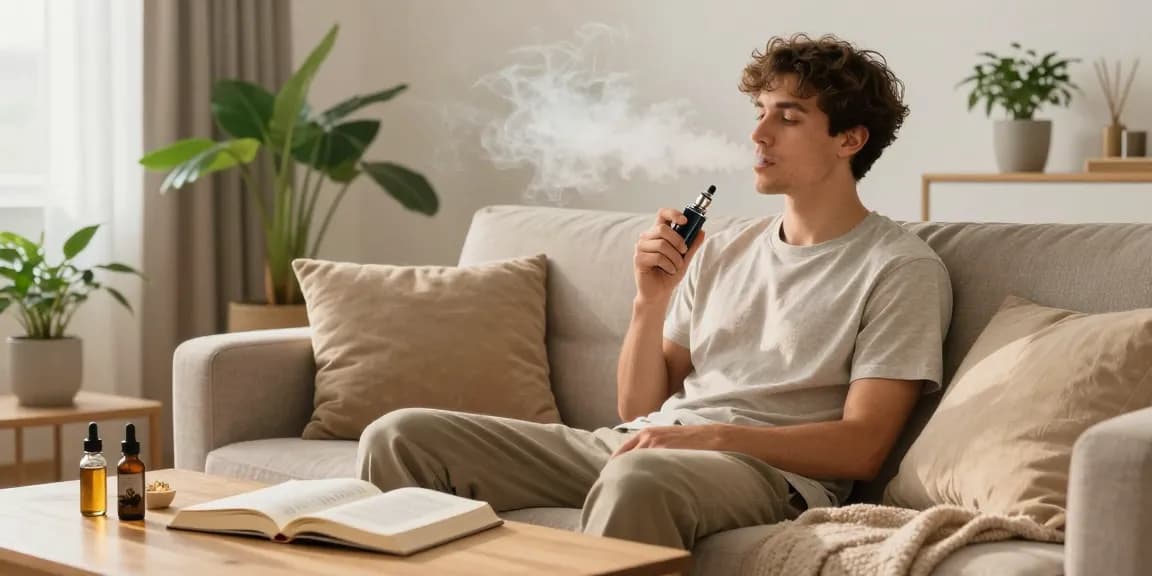 How To Vape using quality CBD products in a cozy, natural wellness setting with vapor and relaxation.