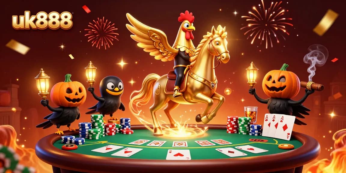 uk888 showcasing a dynamic casino scene with unique characters and vibrant gaming elements