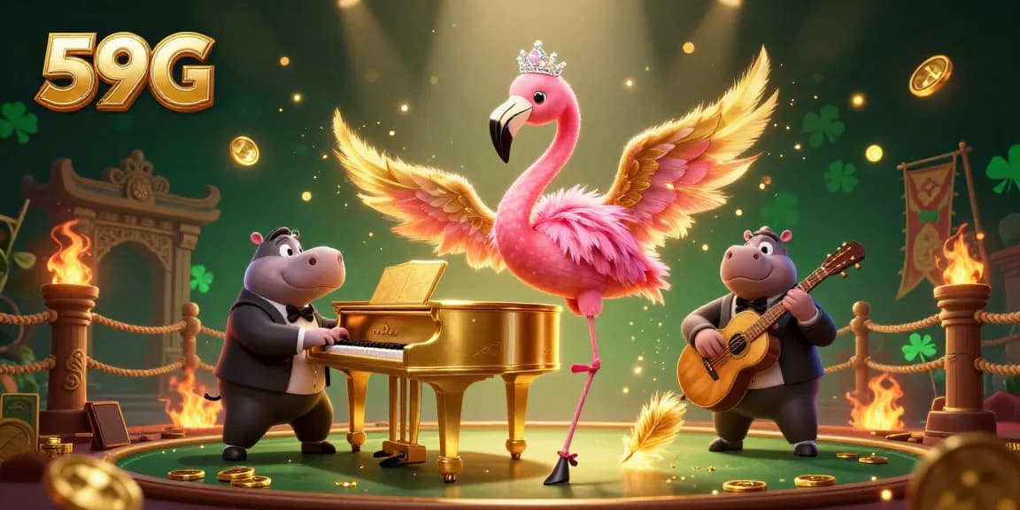 Engage with 59G's vibrant casino scene featuring a flamingo singer and hippo bassist in a rich, dynamic atmosphere.