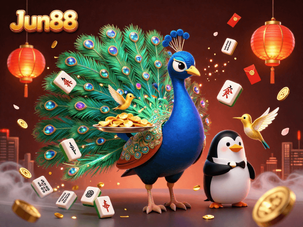 Experience the excitement of Jun88 as a peacock, penguin, and hummingbird celebrate with golden chips and festive elements.