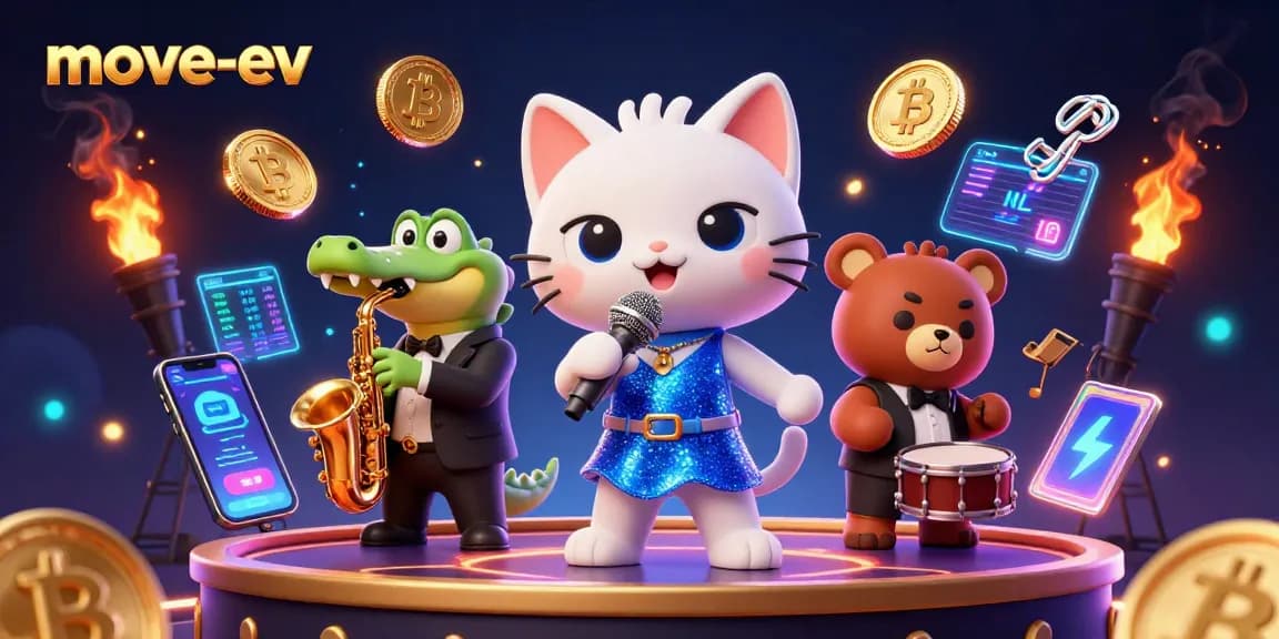 Join the exciting world of move-ev with this vibrant 3D casino illustration featuring cartoon characters and crypto elements.