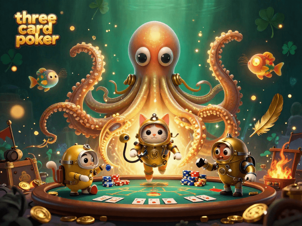 Engage in three card poker action with a vibrant 3D kraken and diving cat amidst dramatic casino elements.