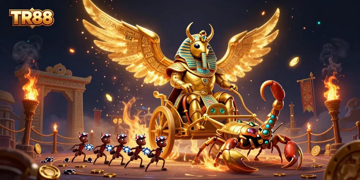 Engage in TR88’s thrilling gaming experience with a majestic golden scarab beetle and scorpion chariot.