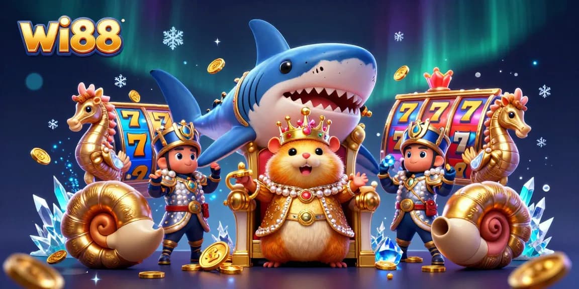 Experience excitement at wi88 with a fierce hamster king reigning over a vibrant casino scene filled with jackpot reels and shimmering coins.