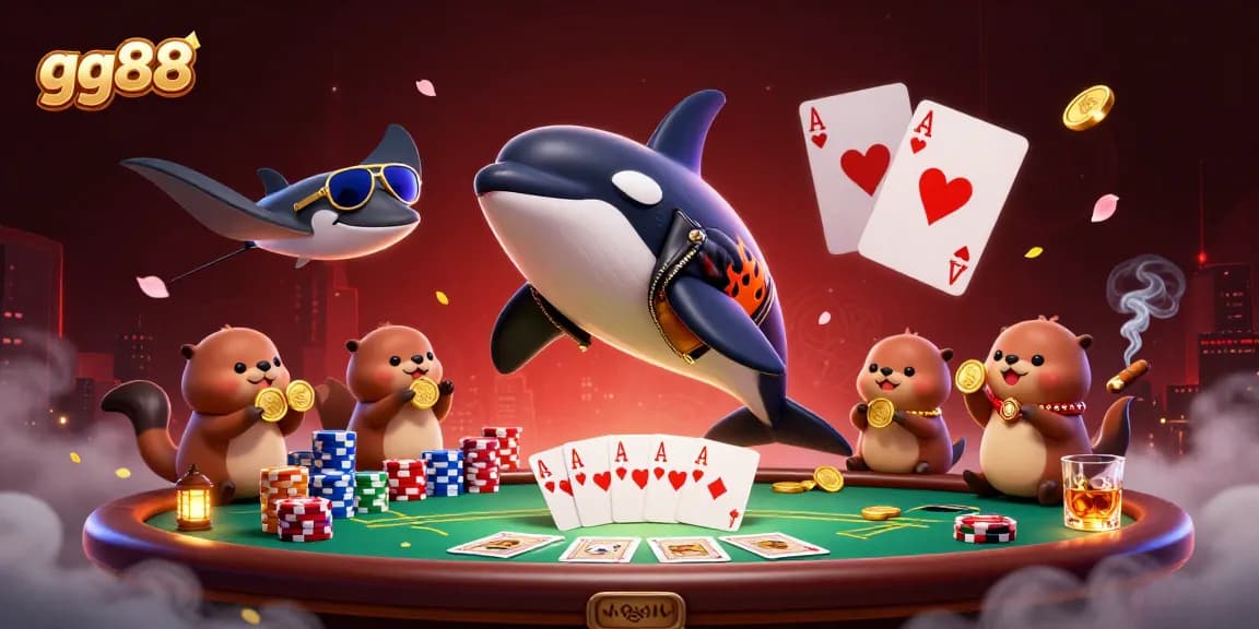 Engage with gg88's exciting poker scene featuring an orca jumping, sea otters with coins, and a stingray.