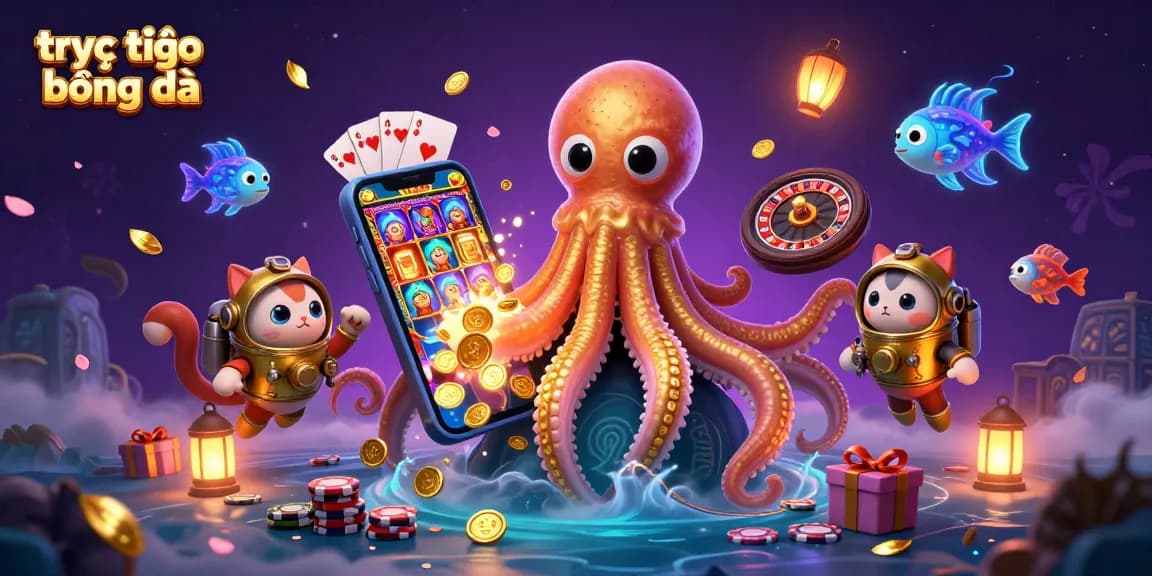 Experience trực tiếp bóng đá excitement with a 3D cartoon kraken and golden treasures amidst engaging game elements.
