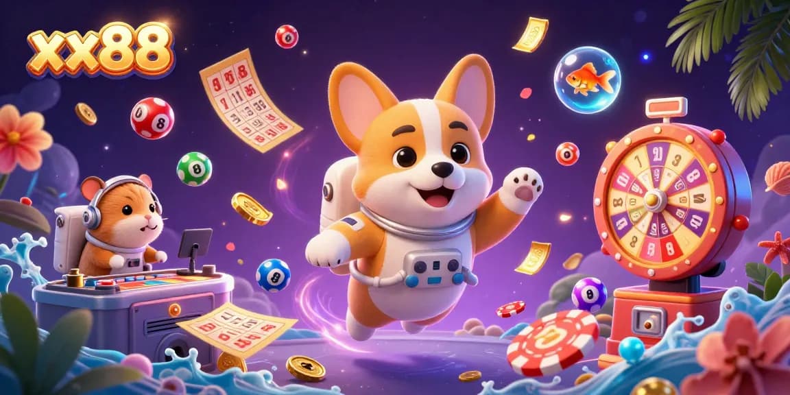 Engage with the vibrant world of xx88, a dynamic 3D cosmic casino scene featuring floating poker chips and various game elements.