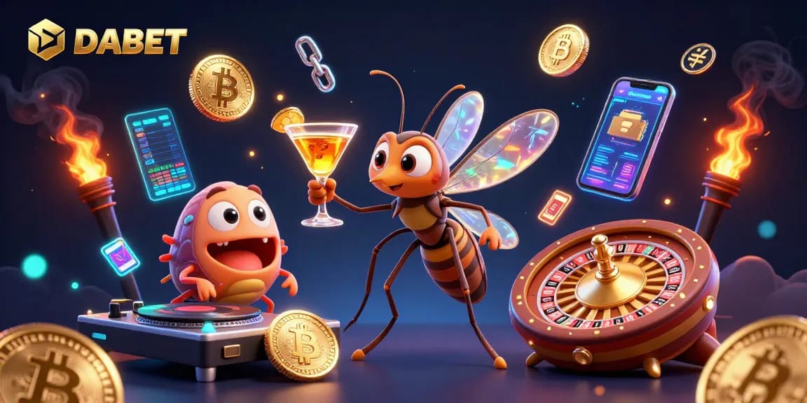 DABET's casino world comes alive with a frozen mosquito mascot, trilobite DJ, and golden roulette wheel.