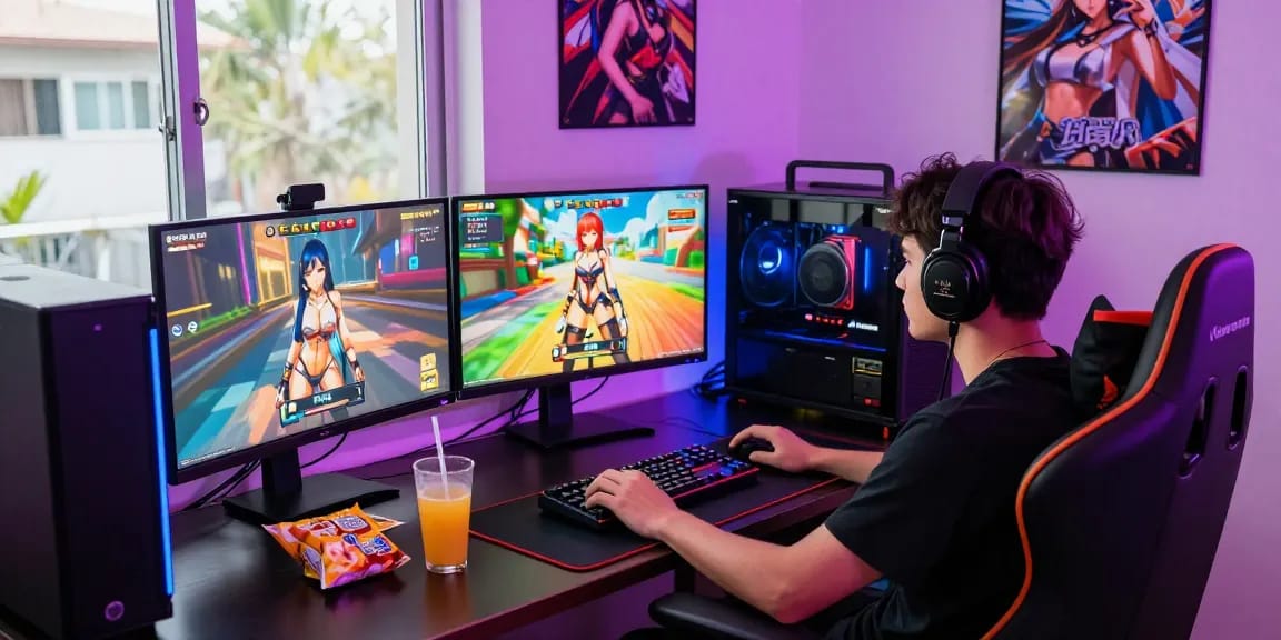 Engaged gamer surrounded by real ecchi games with vibrant gameplay on multiple screens and colorful LED ambiance