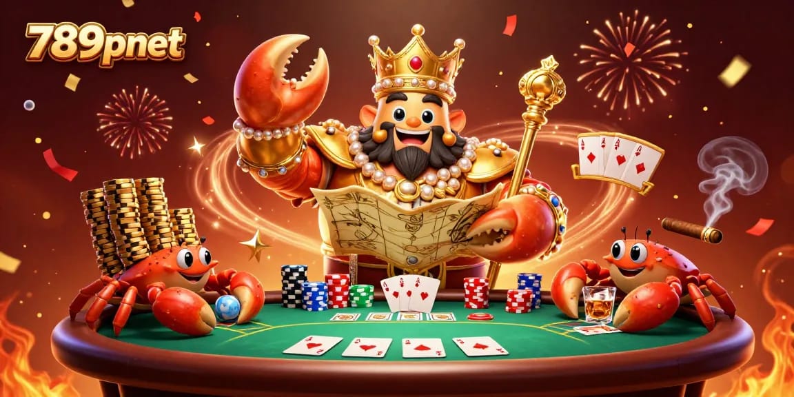 Engage in exciting winning strategies at 789pnet with a vibrant casino scene featuring a golden crab emperor and dynamic poker elements.