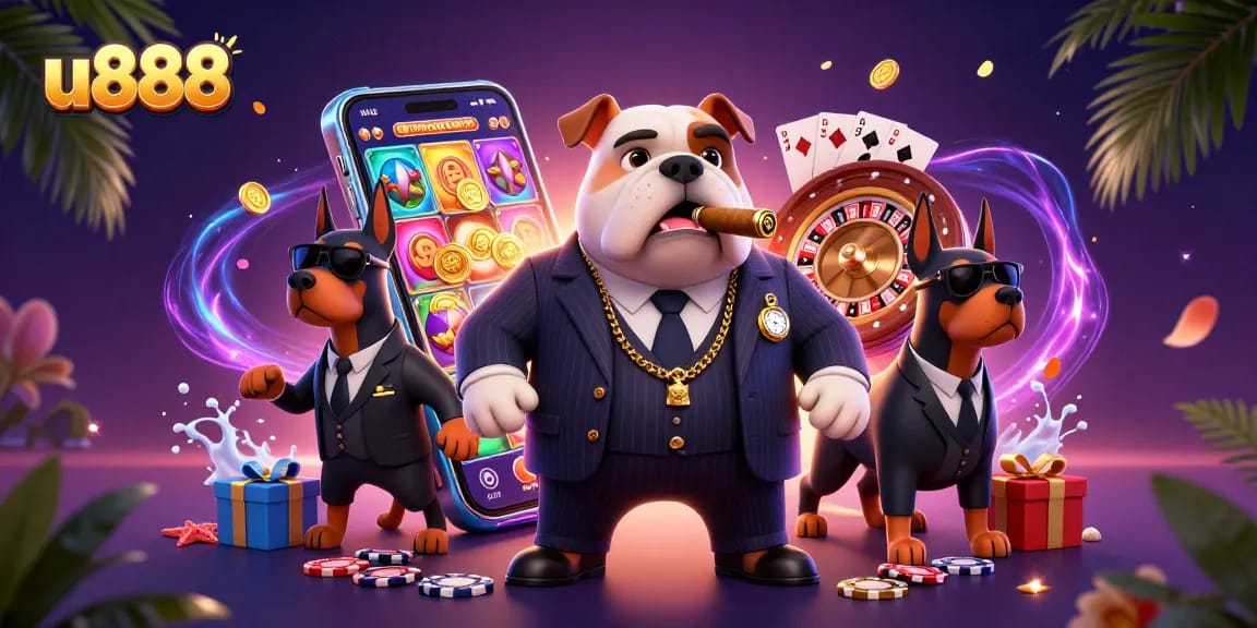 Play exciting casino games at u888 with the mafia boss and his bodyguards in a vibrant scene.