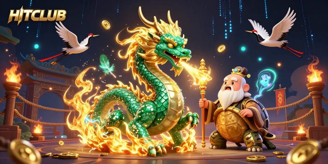 Experience thrilling gameplay at HITCLUB with a vibrant dragon, cranes, and magical casino elements.