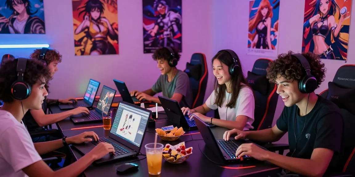 Gamers enjoying hentai games together in a vibrant, animated atmosphere.