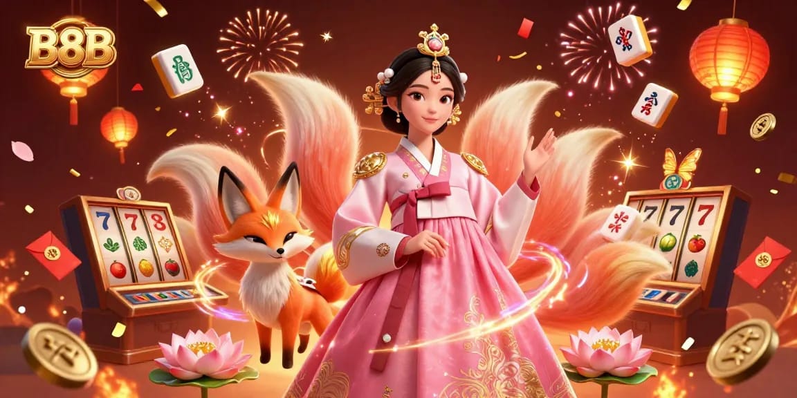 Engage with the vibrant B8B casino scene featuring a graceful character and dynamic game elements.
