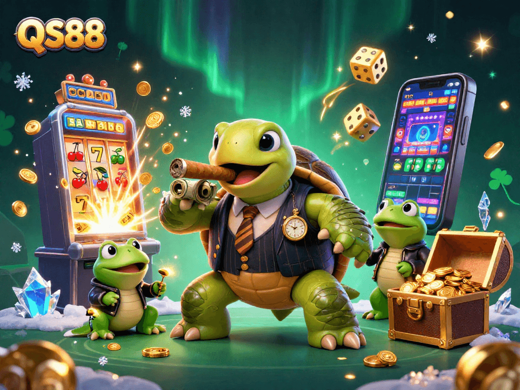 Experience excitement at QS88 as a snapping turtle and bullfrogs celebrate jackpots amidst vibrant casino elements.