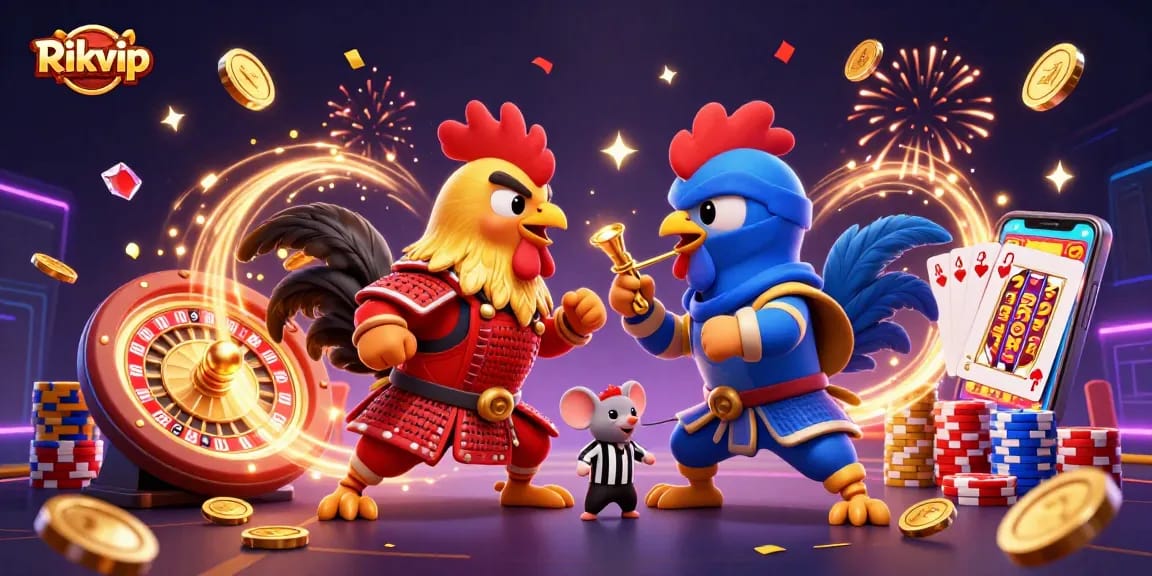Engage with Rikvip's thrilling casino experience featuring fighting roosters and dynamic gambling elements.