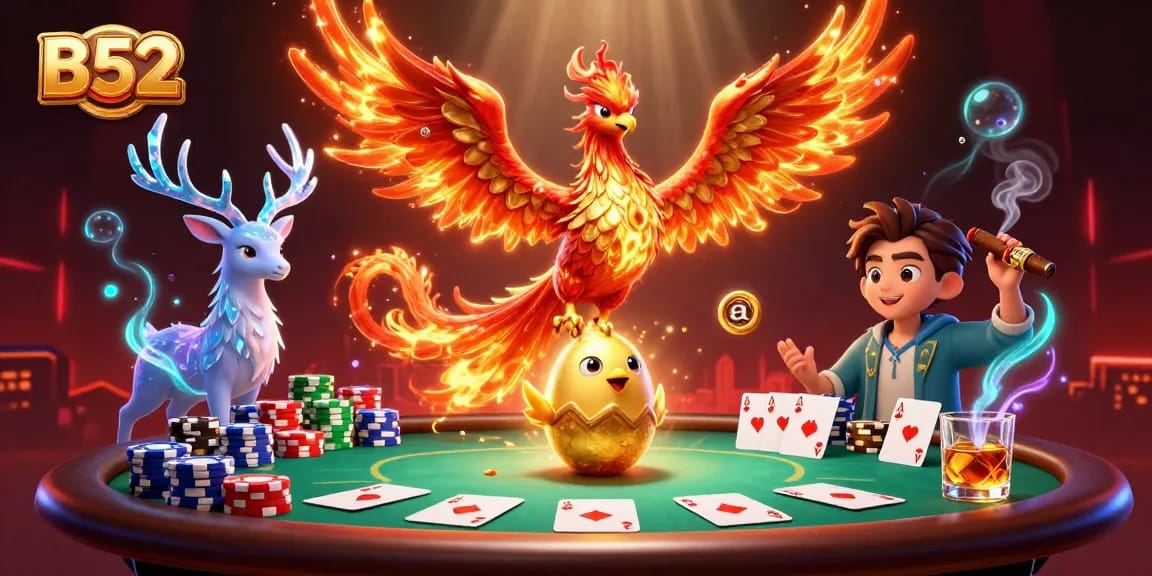 B52 casino scene featuring vibrant phoenix, poker elements, and rich details in 3D illustration