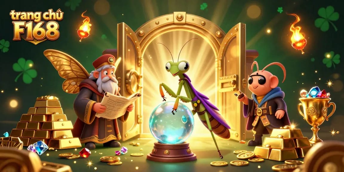 Experience the enchanting world of trang chủ F168, featuring a mystical fortune teller and ancient librarian among dazzling treasures.