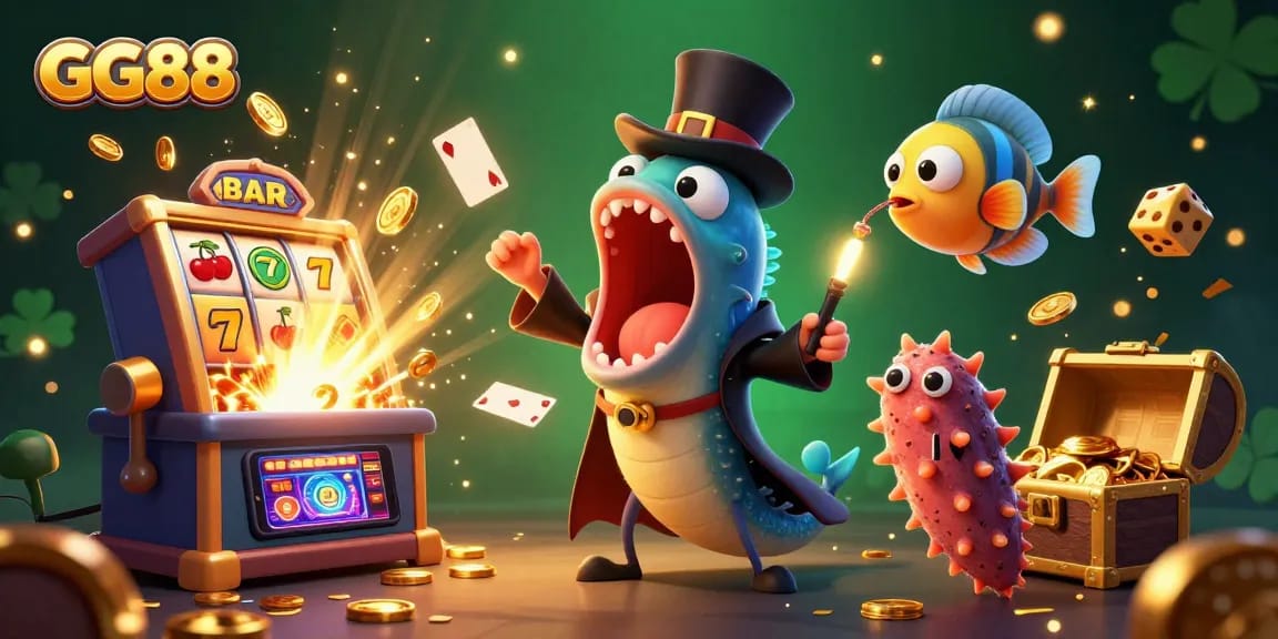Experience the excitement of GG88 as a magical eel performs card tricks amidst a burst of coins and casino games.