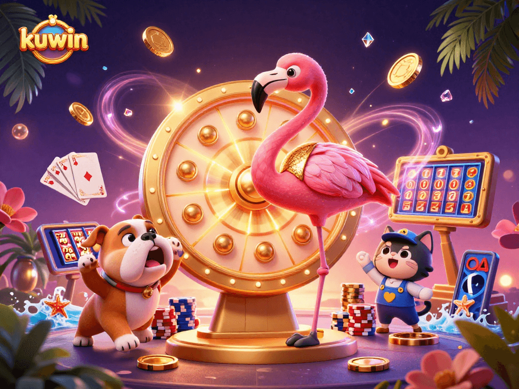 Engage in kuwin's exciting gaming atmosphere with a flamingo host and a lively bulldog contestant.