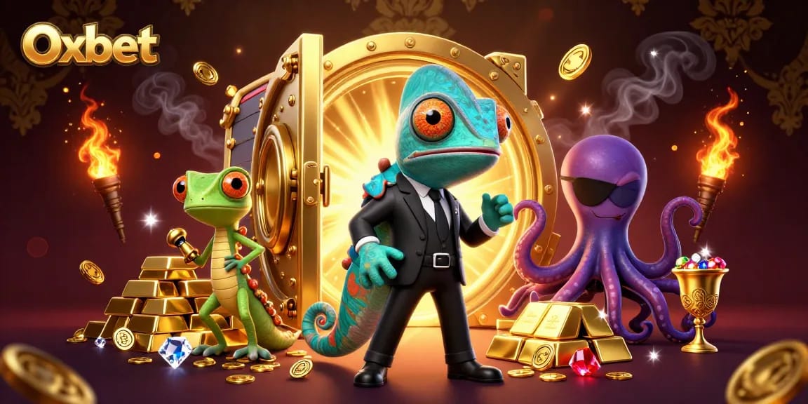 Experience the excitement of Oxbet with a thrilling casino illustration showcasing daring characters and bountiful gold treasures.