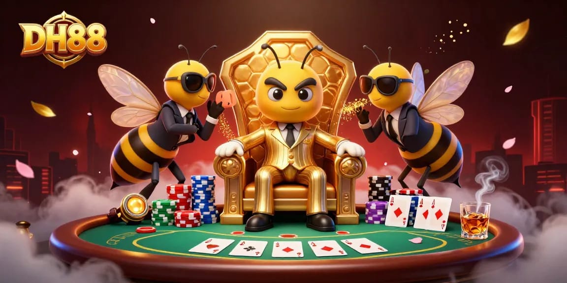 Experience thrilling action at DH88 casino with a vibrant bumblebee mob boss and poker showdown.