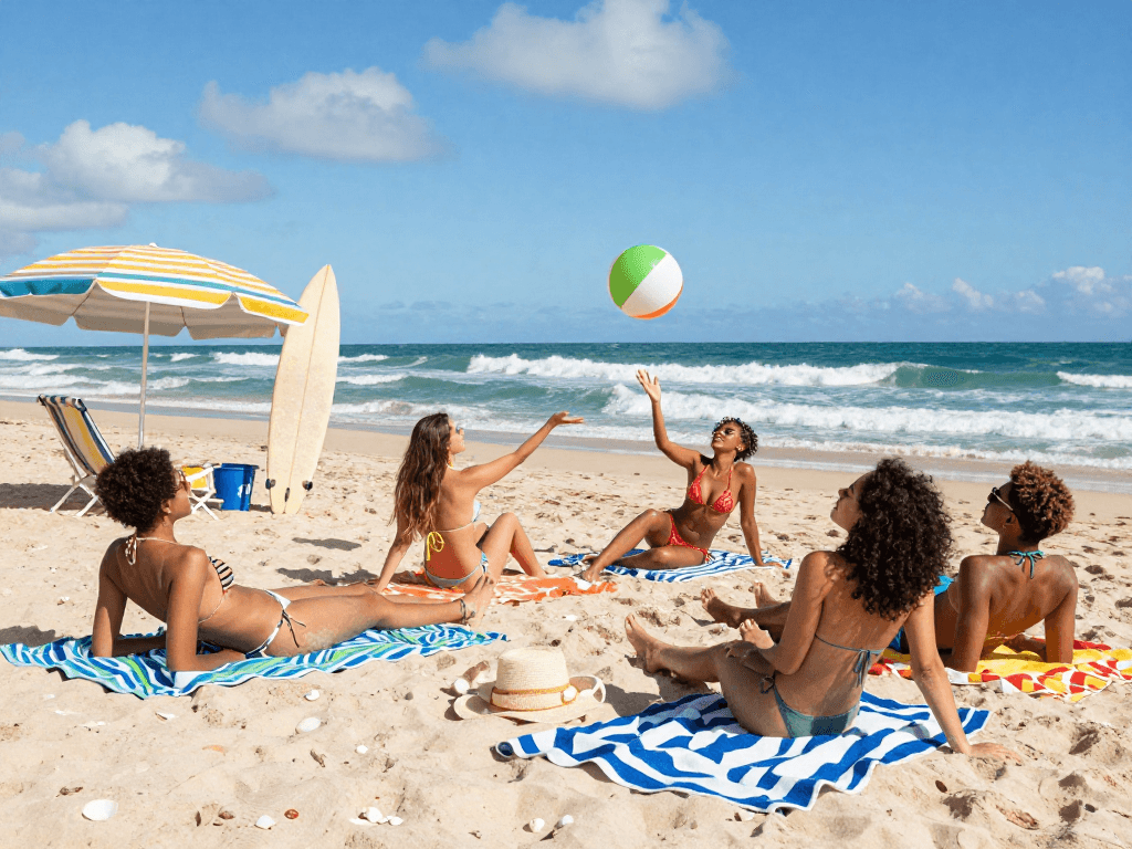 Friends enjoying a sunny beach day in stylish BIKINISLOT swimwear with surfboards and beach towels.