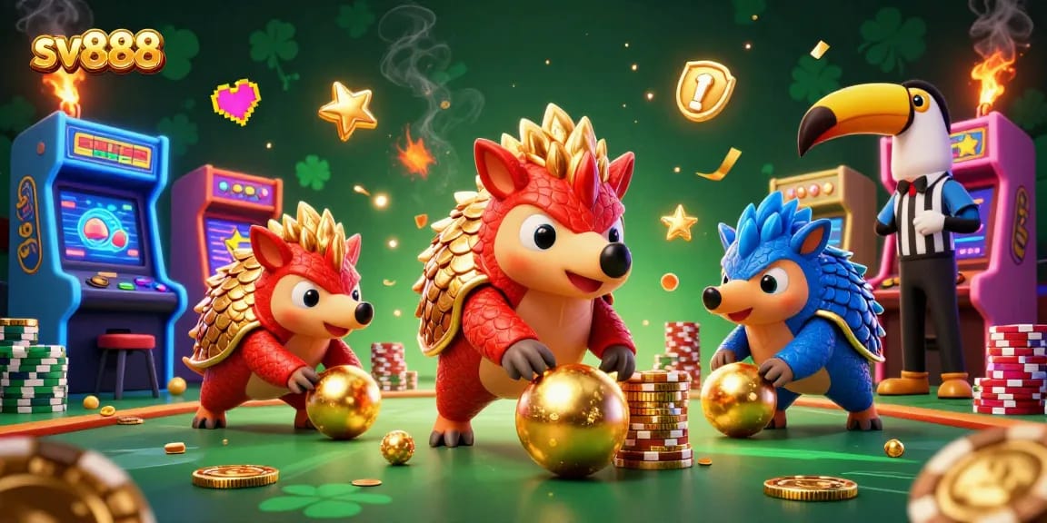 Engage with sv888's thrilling features as cartoon pangolins compete in a colorful casino scene.
