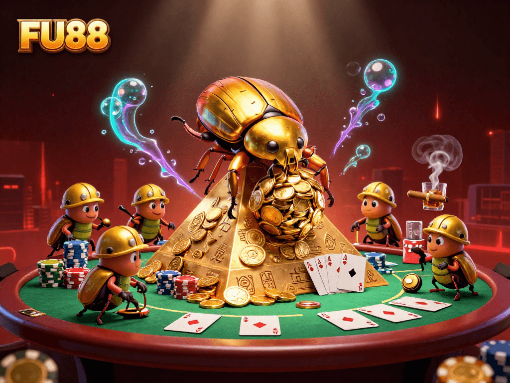 Engage in casino excitement with FU88's vibrant golden beetles and dynamic poker elements.