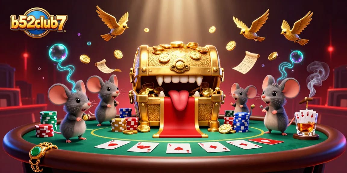 Capture the excitement at b52club7 with a vibrant 3D illustration of a treasure chest and casino elements.