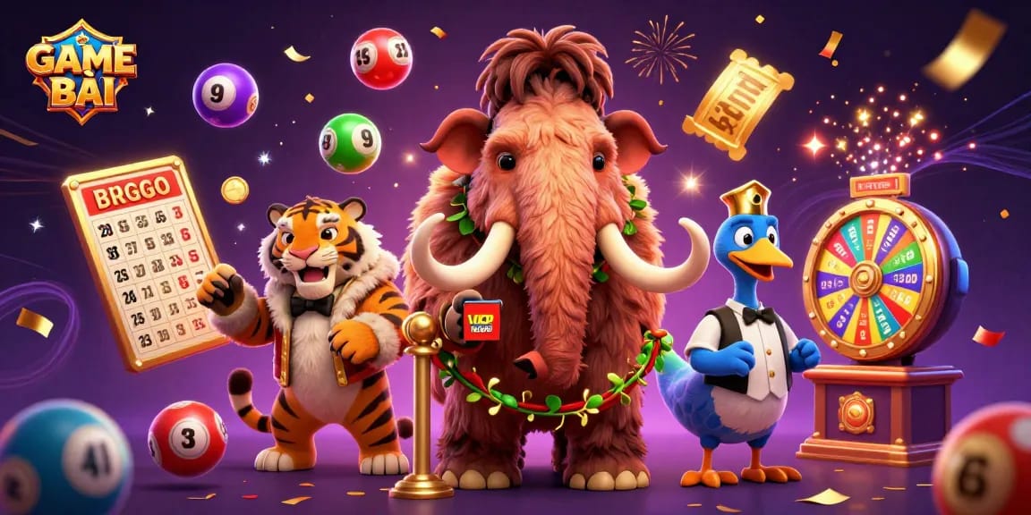 Experience the vibrant GAME BÀI atmosphere with carnival-like characters and dynamic elements in a casino scene.