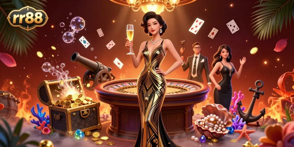 Experience the thrill of rr88 with a glamorous Asian woman at a luxurious casino, surrounded by vibrant gaming elements.